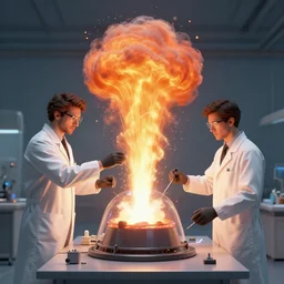 symmetry!! scientist performing a explosive experiment by artgerm greg rutkowski and andreas rocha, cinematic lighting, highly detailed, warm colours, 8 k