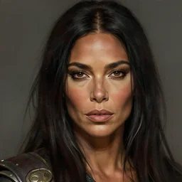 beautiful, very strong, naomi campbell, middle aged, face, no makeup, no tattoos, warrior, battle hardened, head shot, fantasy, highly detailed, digital painting, artstation, concept art, sharp focus, illustration, art by jodie muir and brom