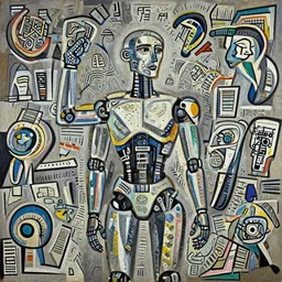 painting of a cyborg questioning his reality by graham sutherland, pablo picasso, basquiat
