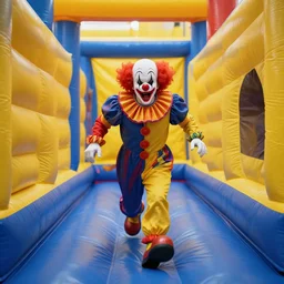 , chased by a scary clown in an endless corridor made of bouncy castle, highly detailed, 8 k, hdr, smooth, sharp focus, high resolution, award - winning photo