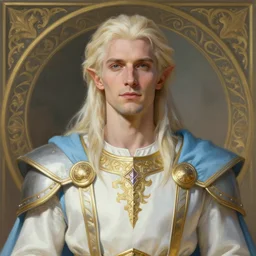 portrait of a calm and pious male aasimar paladin above head with medium length platinum blonde hair wearing white gold and sky blue vestments under armor, pensive and hopeful expression, highly detailed cinematic light, symmetrical face illustration, painterly, art by Krenz Cushart and Artem Demura and alphonse mucha Greg Rutkowski:9, intricate, masterpiece, clean shaven, fantasy, d&d