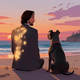 keanu reeves as john wick and his black pitbull sitting on a beach looking into the sunset, concept art by jama jurabaev cel shaded cinematic shot trending on artstation high quality brush stroke hyperspace vibrant