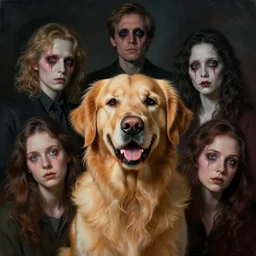 portrait, nightmare anomalies, golden retriever by dariusz zawadzki, kenneth blom, mental alchemy, james jean, pablo amaringo, naudline pierre, contemporary art, hyper detailed