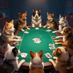 a realistic digital art illustration of a group of random dogs playing poker in a basement.