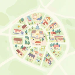 a town map with town hall and playground pastel