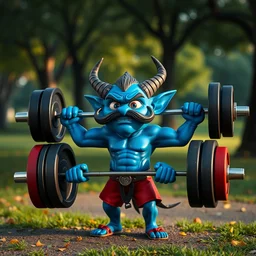 a blue demon with a moustache exercising in the park, lifting 1 0 0 0 lbs, deadlifts, nendoroid, in the croods movie style, anime, disney, pixar, 8 k, hd, dof, kodak film, volumetric lighting, subsurface scattering, photorealistic, octane render, details