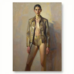 full body portrait in daring femininity, ethnic, realistic face sculpted features, thin and statuesque model, urban outfit with jacket and buckles, warm glow, bathed in light, chiaroscuro, specular highlights, angular impressionism, radiosity, natural color scheme, earthy tones, modern fashion, contemporary art, oil on canvas