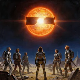 a total solar eclipse fills the sky, space warriors on a futuristic battlefield stop and look up as the sky goes dark. future. clear, detailed, well composed beautiful painting by michael whelan and artgerm greg rutkowski and and magali villanueve, dramatic lighting, rich bright colors.