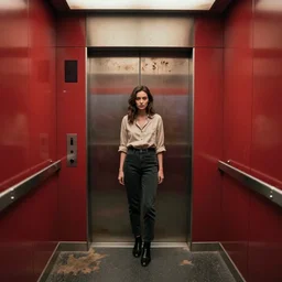 a woman in the dirty red elevator, elevator panels, highly detailed, still shot from movie, wide shot