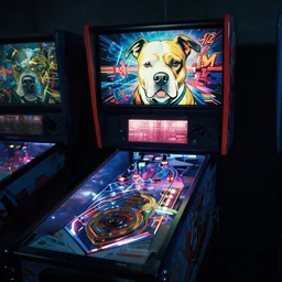 a pitbull - rapper themed pinball machine, in 1 9 8 5, y 2 k cybercore, industrial low - light photography, still from a kiyoshi kurosawa movie