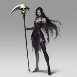 Full body character concept art of a female Drow necromancer, skull scythe, pretty face, long dark hair, by Stanley Artgerm Lau, WLOP, Rossdraws, James Jean, Andrei Riabovitchev, Marc Simonetti, and Sakimichan, tranding on artstation