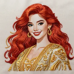 Digital embroidery design of a beautiful young woman with red hair, smiling, clothes, Golden thread, golden details, intricate details, intricate patterns 4k, 35mm, f/1.4