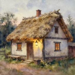 paint brush strokes, abstract watercolor painting of rustic village house, lantern, medieval straw roof, scandinavian viking age, ambient lighting, art by hans dahl, by jesper ejsing, art by anders zorn, wonderful masterpiece by greg rutkowski, cinematic light, american romanticism by greg manchess, impressionism by tyler edlin