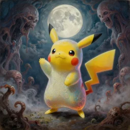 concept art of translucent pikachu is dancing, lovecraftian, renaissance, melting, round moon, rich clouds, fighting the horrors of the unknown, very detailed, volumetric light, mist, fine art, decaying, textured oil over canvas, epic fantasy art, very colorful, ornate intricate scales