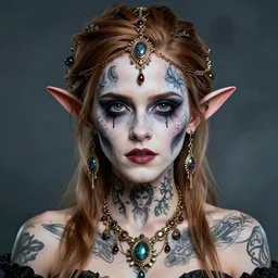 portrait of zombie fairy, symmetric, facepaint facepaint facepaint, intricate jewelry, trending on artstation 4 k, high quality, in the style of karol bak and tom bagshaw, bust with face of emma watson, tattoos