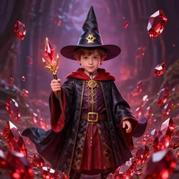 young 3 5 years old wizard surrounded by ruby shards, 8 k photography, artstation