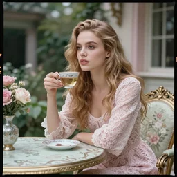cinestill 5 0 d portrait of a dreamy beautiful woman britt marling 3 / 4 by roversi taking a tea sitting on a baroque table in a dystopian baroque garden, long hair, wearing lace, 5 0 mm lens, 8 k, elegant, highly detailed, pale pink matt, soft blur, artstation, sharp focus, head in focus, hiper realistic,