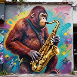 orangutang playing the saxophone as a graffiti mural by lee, masterpiece, trending on artstation
