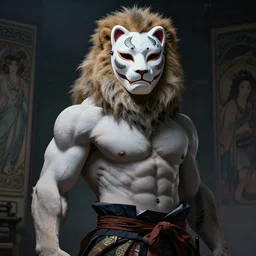 a photorealistic dramatic fantasy render of a muscular albino male furry anthro lion wearing a beautiful intricately detailed japanese white snake kitsune mask and clasical japanese kimono by wlop, artgerm, greg rutkowski, alphonse mucha, beautiful dynamic dramatic dark moody lighting, shadows, cinematic atmosphere, artstation, concept design art, octane render, 8 k