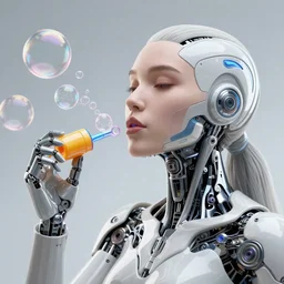 robot blowing bubbles with bubble toy, female face, cyberpunk cyborg, sci - fi, intricate abstract upper body intricate artwork, by tooth wu, wlop, beeple, dan mumford. concept art, octane render, deviantart, greg rutkowski, cinematic arthouse, key art, hyper realism, iridescent accents