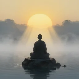 visionary art painted style a lonely silhouette of a meditating monk sitting in the fog on a stone protruding from the water in the rays of the morning sun