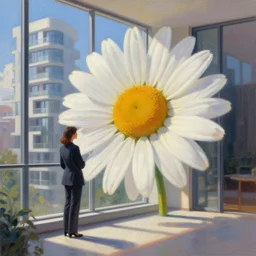 huge daisy flower head, woman in suit, standing next to modern windows in luxury apartment, surreal photography, sunlight, impressionist painting, digital painting, artstation, simon stalenhag