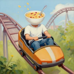 a painting of a man with a bowl of cereal for a head riding a roller coaster