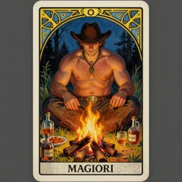 a dramatic, ethereal painting of a handsome thicc mischievous cowboy shirtless sitting behind a campfire at night with food and jugs of whisky | tarot!! card, art deco, art nouveau | by Mark Maggiori | trending on artstation