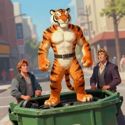 crisp defined Man Streetfighter Dude wearing Tiger Costume standing atop dumpster greg danton tony sart raymond swanland chris foss chris cold christophe young acrylic 4k artstation wikiart wikipedia realism tilt-shift