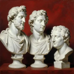 3 white exquisite ancient male busts smiling, oil paint, classic art, 1 6 century style, volume light, in the style of beksinski, parts by edward hopper, parts by rodcenko, parts by yue minjun, diego velazquez, intricate and epic composition, red by caravaggio, insanely quality