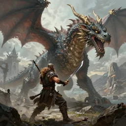 a viking barbarian fighting a giant dragon, artstation hall of fame gallery, editors choice, #1 digital painting of all time, most beautiful image ever created, emotionally evocative, greatest art ever made, lifetime achievement magnum opus masterpiece, the most amazing breathtaking image with the deepest message ever painted, a thing of beauty beyond imagination or words