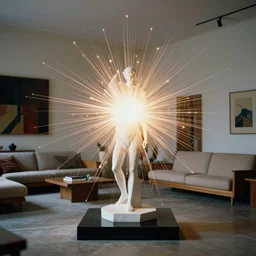 photograph of sculpture radiating esoteric energy in modernist living room, crisp focus, highly detailed, in jeff wall style, 3 5 mm ektachrome