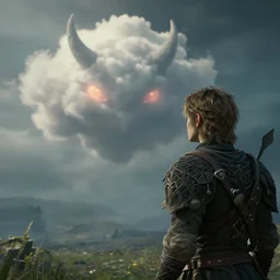 a boy watch a cloud in a shape of devil form his eyes, elden ring, ultradetailed, 4 k, by greg rutkowski