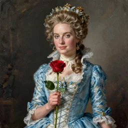 liz truss holding a rose, cosplaying as marie antoinette, painted by elisabeth vigee le brun