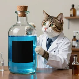 a beautifu cat dressed as a scientist intrigued by a slick modern bottle filled with magic blue iridescent liquid, there is a big black square on the bottle, art highly detailed, by frank frazetta, keith parkinson and greg rutkowski and aleksandra skiba and salvador dali, concept art,