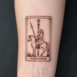 “small minimalistic brown ink tattoo of the ten of swords tarot card rider waite-smith”