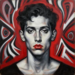 jpeg compression, black red white features, stunning person, oil on canvas, greg rutkowksi, trending on artstation, 2 4 0 p, psychedelic backdrop