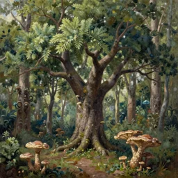 a fungal forest with sparse, massive trees, extremely detailed oil painting, unreal 5 render, rhads, sargent and leyendecker, savrasov levitan polenov, bruce pennington, studio ghibli, tim hildebrandt, digital art, landscape painting, octane render, beautiful composition, trending on artstation, award winning photograph, masterpiece
