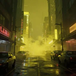 cyberpunk streets at night with yellow smog, hyperdetailed, hyperrealistic, cinematic lights, octane render, trending on artstation, artstationHD, artstationHQ, unreal engine, 8k