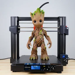giant 3 d printer and groot, ender 3 pro, focus on 3 d printer, sharp focus, ender 3 pro is printing another groot, no humans