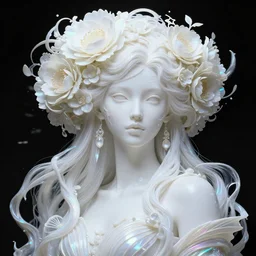 organic goddess with gorgeous flowers in her hair, holographic white plastic and fin, fantasy, intricate, elegant, highly detailed, realistic, photorealistic, digital painting, artstation, illustration, smooth, clear focus, works by scott davidson, albert auble, krentz kushart, artem demura, alphonse mucha, trending on artstation, digital art, 4 k resolution, detail, high quality, clear focus, headquarters design, clear, crazy detail, concept art