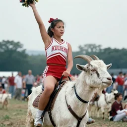 picture of a a cheerleader riding a goat. kodachrome, 4 k, natural light