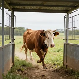 cow running from a cage to a countryside