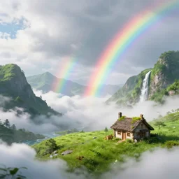 fluffy, cloudy, rainbows, green, grass, waterfalls, mountains, cottage, realistic, sci - fi, futuristic