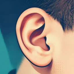 a human ear, dot shading, retro flat colors