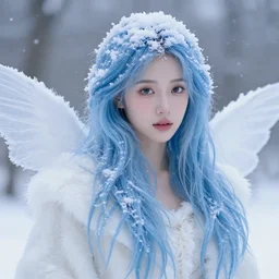 a portrait of a beautiful winter fairy with blue hair, snow, fur wings, fantasy, realism, pretty, trending on artstation