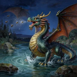 a scene of a dragon emerging from a river spitting insects from its mouth, digital painting, 4k wallpaper, intricate detail, masterpiece, by Zabrocki, by Thomas Kinkade, by Moebius, by Simonetti, beautiful, gorgeous, night