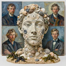 a sculpture portrait made of shells and stones and sand and seaweed, painting part by wojciech siudmak, part by ilya repin, part by max ernst, part by norman rockwell, artstation
