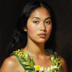 body portrait of hawaiian queen wearing a lea, by terry o'neill intricate, elegant, highly detailed, digital painting, glistening skin, artstation, concept art, smooth, sharp focus, contrasting lighting, bright colors, dark background, illustration, art by artgerm and greg rutkowski and alphonse mucha, 8 k