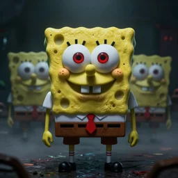 3 d creepy cgi evil spongebob staring with red eyes. octane render. volumetric fog, 4 k, darkness, scary, eery, realistic, hyperrealism, pores, textures, wrinkles, fleshy sponge horror, dark, dimly lit shadows, made by meatcanyon, serious, edgy, photorealistic